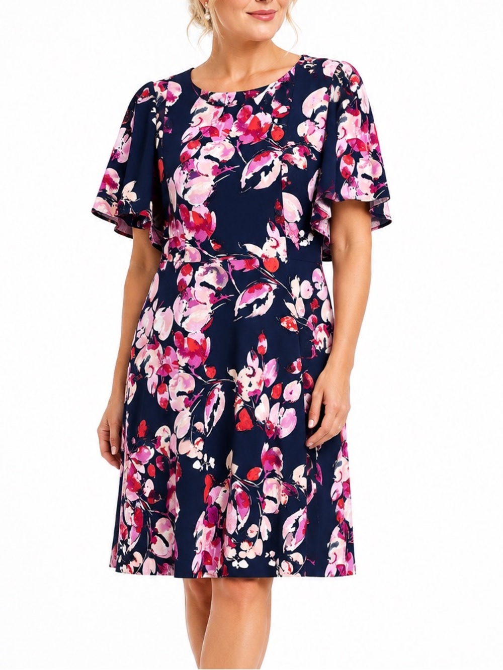 Calvin Klein Floral Watercolor Modest Crew Neck Flutter Sleeve Elegant Dress 20W